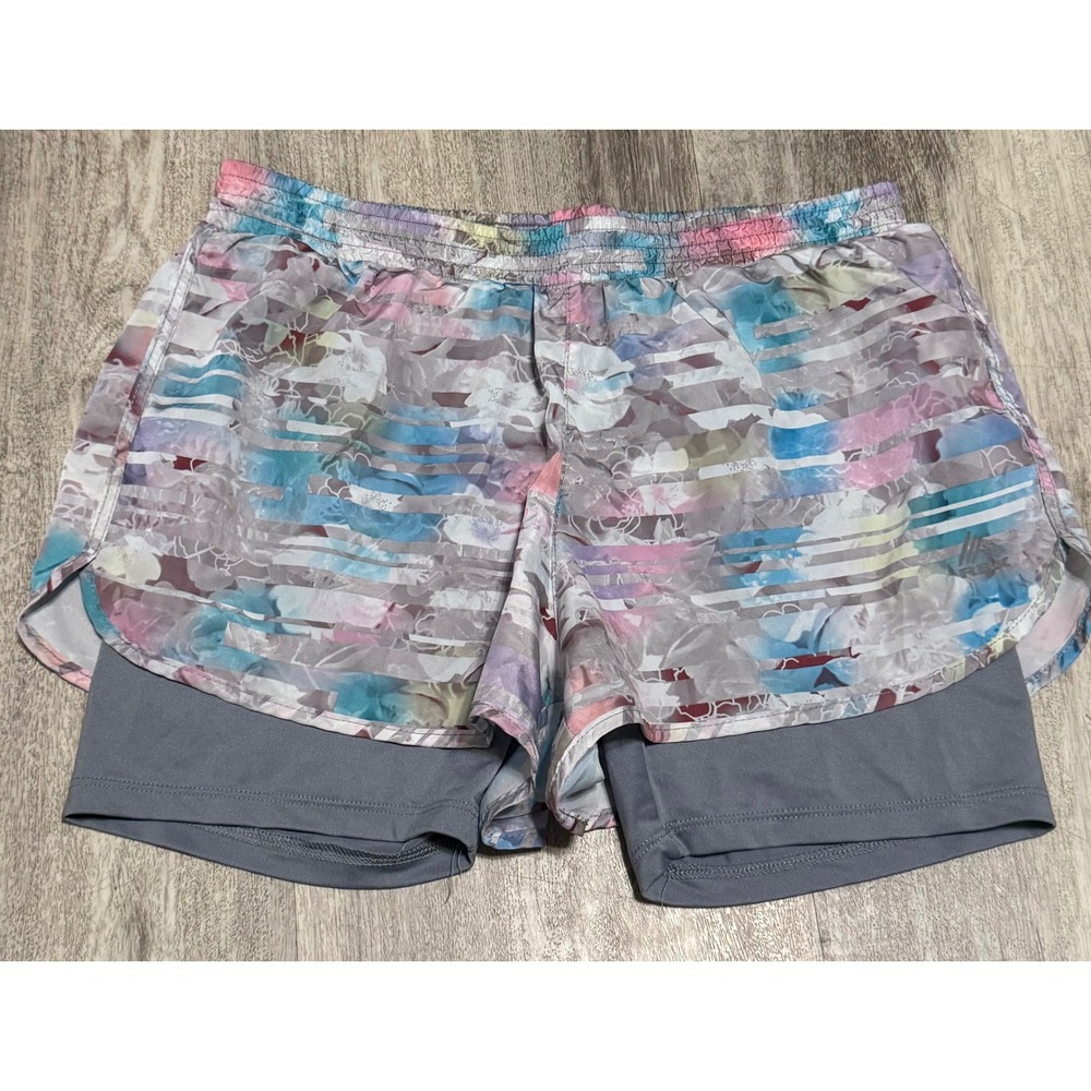 RBX Performance Womens 2-in-1 Running Shorts Floral Abstract Print Grey Small